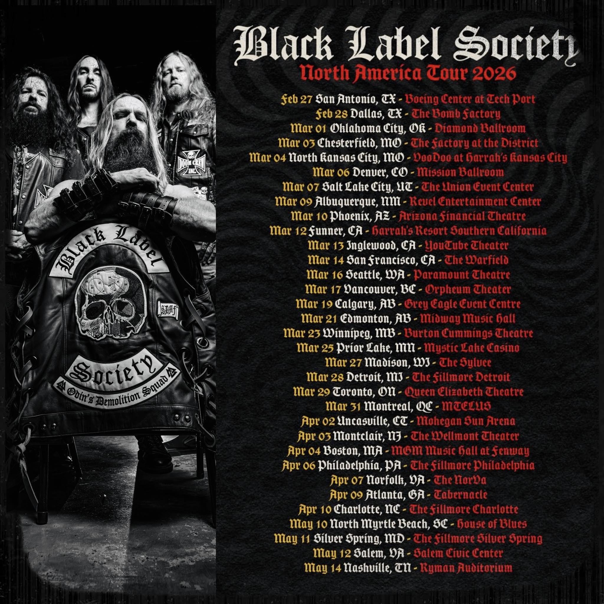 Black Label Society 2026 live concert poster